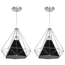 kIT 2 Pendente Aramado Piramidal 37cm Cromado Cúpula Preta