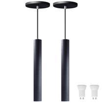 Kit 2 Pendente Luminária Tubo Preto 30 Cm + Lâmpada LED Branco Quente