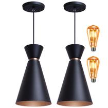 Kit 2 Pendente Lustre Luminária Pequim Preto 30cm + Led Retrô Vintage Moderno