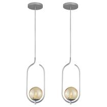 Kit 2 Pendente Lustre On Clip PRATA globo de vidro AMBAR Kit 2 Pendente Lustre On Clip PRATA globo de vidro AMBAR