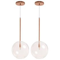 Kit 2 Pendente Lux Cobre Rose Gold Globo Vidro 25Cm + Led