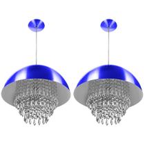 Kit 2 Pendente Meia Lua 40cm Azul Metalico Cristal Acrilico