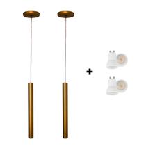 Kit 2 Pendente Tubo 40cm Quarto Lavabo Dourado Fosco C/ Led