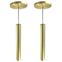 Kit 2 Pendente Tubo Dourado 30Cm Cabo Cristal + Led