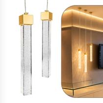 Kit 2 Pendentes Lustre Cristal Dourado Tubo 9W LED Bivolt Alumínio Vidro Cabeceira Sala Quarto Cozin