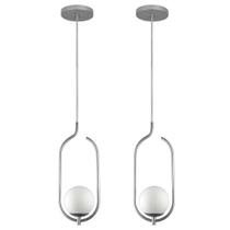 Kit 2 Pendentes Lustres On Clip Prata Globo De Vidro Branco Kit 2 Pendentes Lustres On Clip Prata Globo De Vidro Branco