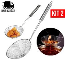 Kit 2 Peneira Escumadeira Aço Inoxidável para Fritura de Pastel Batata Frita Utensílios de Cozinha