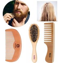 Kit 2 Pentes E 1 Escova Madeira Antifrizz Todos Os Cabelos