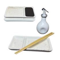 Kit 2 Pessoas Sushi Oriental com Divisória para Shoyu Porcelana Creme Jogo Mesa Casal
