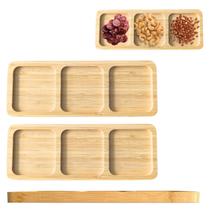 Kit 2 Petisqueira Bandeja Bambu Retangular 3 Divisórias 25cm