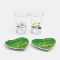 Kit 2 Petisqueiras Coração Vidro Copa Mundo Brasil com 2 Copos 190ml Petiscos Torcida Brasileira