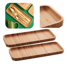 Kit 2 Petisqueiras De Bambu Bandeja Retangular 28x11cm Prato