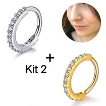 Kit 2 Piercing Nariz Cartilagem Argola Cravejado Strass 8mm/10mm Kit 2 Piercing Nariz Cartilagem Argola Cravejado Strass 8mm/10mm