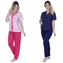 Kit 2 Pijama calça e blusa manga curta Aberto De Botão Amamentação Idoso Pós Cirurgia Pós Parto - DNG Modas