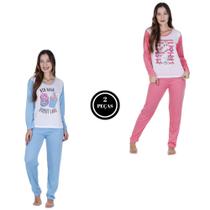 Kit 2 Pijama de Frio Calça Comprida Adulto Inverno Manga Longa - c8 KIT 2 GABI LILÁS E PINK
