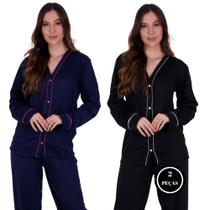 Kit 2 Pijama de Inverno Americano com Botões Manga Longa e Calça -c5 KIT 2 JANAINA PRETO AZUL Kit 2 Pijama de Inverno Americano com Botões Manga Longa e Calça -c5 KIT 2 JANAINA PRETO AZUL