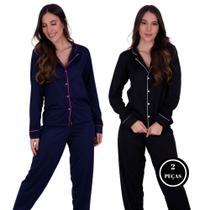 Kit 2 Pijama de Inverno com Gola com Botões Amamentação Calça - c3 KIT 2 MAYARA PRETO E MARINHO