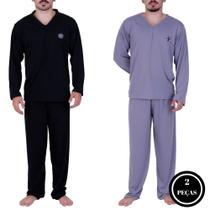 Kit 2 Pijama de Inverno Manga Longa Calça Comprida Adulto Masculino Longo Frio PRETO E CINZA