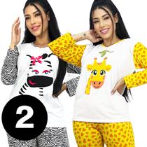 Kit 2 Pijama Estampa Animais Inverno Feminino Adulto Longo