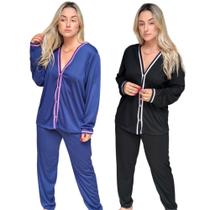 Kit 2 Pijama Feminino Longo de Inverno Americano Botão malha