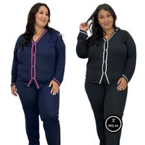 KIT 2 Pijama Inverno Plus Size Blusa Manga Longa e Calça -c14 KIT 2 JANAINA PRETO E MARINHO