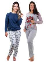 Kit 2 Pijama Longo Feminino Manga Comprida Calça Comprido Inverno Fechado