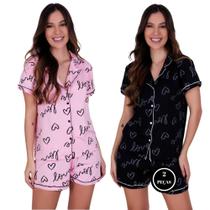 Kit 2 Pijama Manga Curta Gola Short Estampado - c11 KIT 2 ANASTÁCIA PRETO E ROSA CORAÇÃO