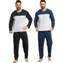 KIT 2 Pijama Masculino Bicolor Inverno WLS Modas Calça Comprida Blusa Manga Longa Roupa Para Dormir