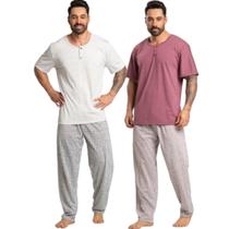 KIT 2 Pijama Masculino Com Bolso Vekyo Manga Curta Calça Longa Estampada Conforto Linha Noite