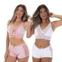 Kit 2 Pijamas Baby Dolls Microfibra Renda Short Top