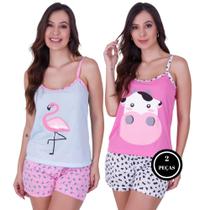 Kit 2 Pijamas Curto Estampado Feminino -c4 KIT 2 BICHINHO CURTO FLAMINGO VAQUINHA