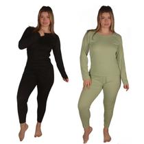 Kit 2 Pijamas Feminino Inverno Suede Canelado Com Renda Manga Longa e Calça Confortável Para Frio Rendinha Rendado Longo