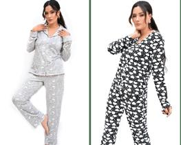 Kit 2 Pijamas Femininos Estampados Botões Longo Suede Aberto