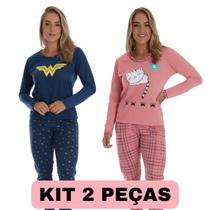 Kit 2 pijamas longo feminino fechado personagem Kit 2 pijamas longo feminino fechado personagem