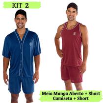 Kit 2 Pijamas Masculino Adulto Curto Camisa e Short + Regata E Short