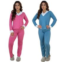 KIT 2 Pijamas Suede Com Detalhe em Renda Confortável