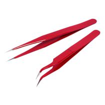 Kit 2 Pinça Curva Reta Alongamento Cilios Fio A Fio Vermelha Kit 2 Pinça Curva Reta Alongamento Cilios Fio A Fio Vermelha