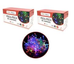 Kit 2 Pisca Pisca 100 Lâmpadas LED Colorido Fio Transparente 8 Funções 127V Total 200 Lâmpadas - Master Christmas