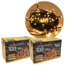 Kit 2 Piscas LED Branco Quente Sequencial 100 Lâmpadas 8 Funções Fio Verde 8 Metros 127V