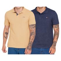 Kit 2 Polos Masculina Básicas FMF Azul Jeans e Bege Claro Piquet França