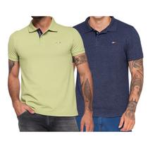Kit 2 Polos Masculina Básicas FMF Verde Claro e Azul Jeans