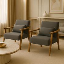 Kit 2 Poltrona Aurora Linho Acompanha Almofada Decorativa Madeira Maciça Sala De Estar