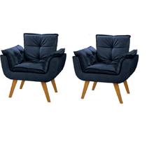 Kit 2 Poltrona Azul Marinho Cadeira Decorativa Julia Sala Recepção Pés Caramelo