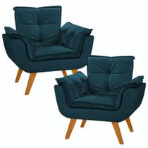 Kit 2 Poltrona Azul Marinho Cadeira Decorativa Opala Sala Recepção Pés Imbuia - Bela Decor