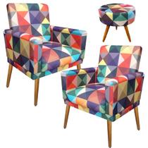 Kit 2 Poltrona Cadeira Decorativa Nina / Base Estampa Quadrados coloridos Pés Palito - B2Y Magazine