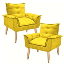 Kit 2 Poltrona Decorativa Canoa Retrô Suede Amarelo para Sala de Estar Luxo Escritório Quarto