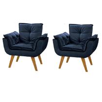 Kit 2 Poltrona Decorativa Canoa Retrô Suede Azul Marinho para Sala de Estar Luxo Escritório Quarto