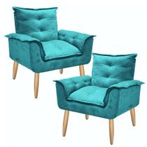 Kit 2 Poltrona Decorativa Canoa Retrô Suede Azul Turquesa para Sala de Estar Luxo Escritório Quarto