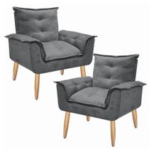 Kit 2 Poltrona Decorativa Canoa Retrô Suede Cinza para Sala de Estar Luxo Escritório Quarto