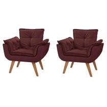 Kit 2 Poltrona Decorativa Canoa Retrô Suede Marsala para Sala de Estar Luxo Escritório Quarto